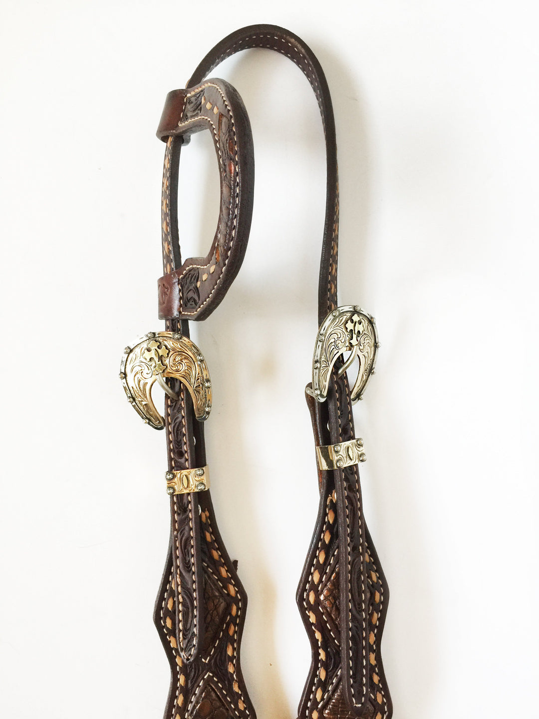 Single Slip Ear Headstall with Copper Gator Inlay and Usher Brand Gold Buckle Set; ﻿UBCHS-008