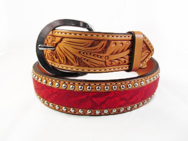 Silver Studded  Natural Leather Red Elephant Belt