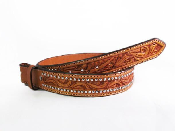 Silver Studded Natural Leather Floral Tooled Belt