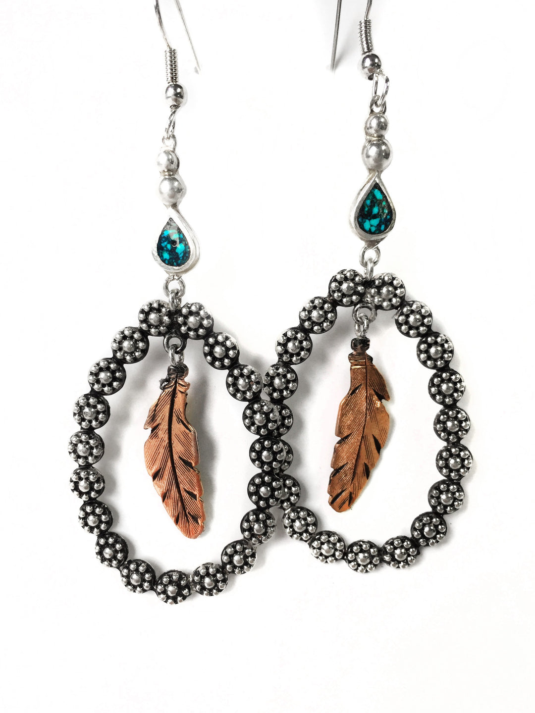 Silver Berry Bead Hoop and Copper Feather Earrings