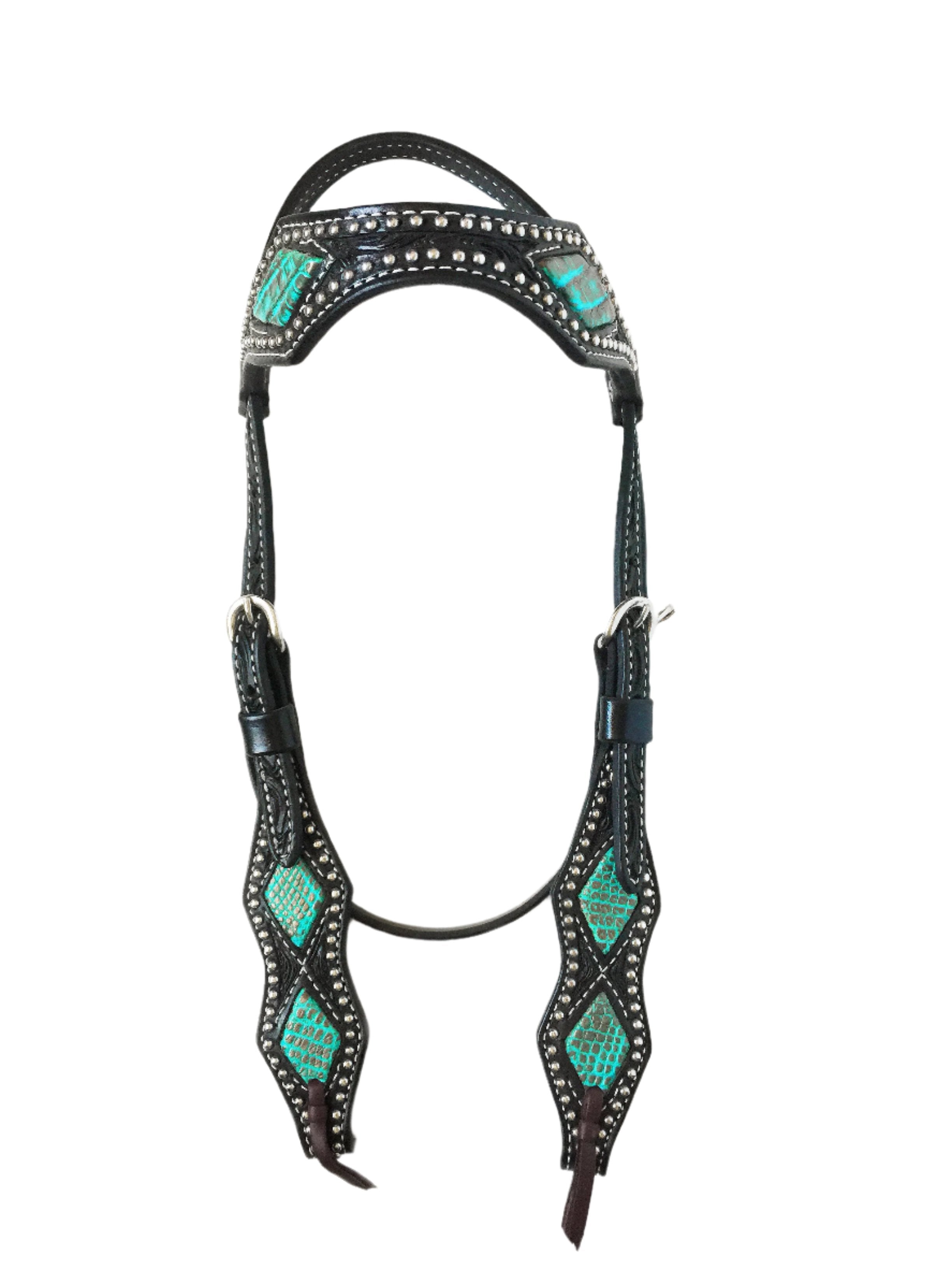 Turquoise Caiman Alligator Diamond Cut  Brow band Headstall – Black Leather with Silver Studs