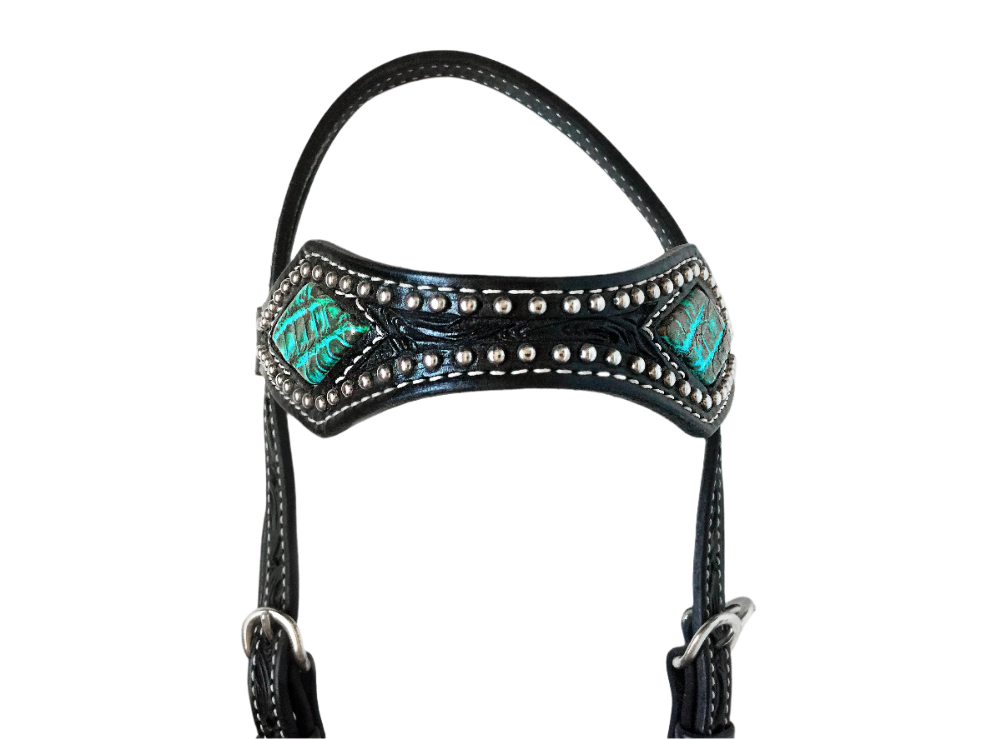 Turquoise Caiman Alligator Diamond Cut  Brow band Headstall – Black Leather with Silver Studs