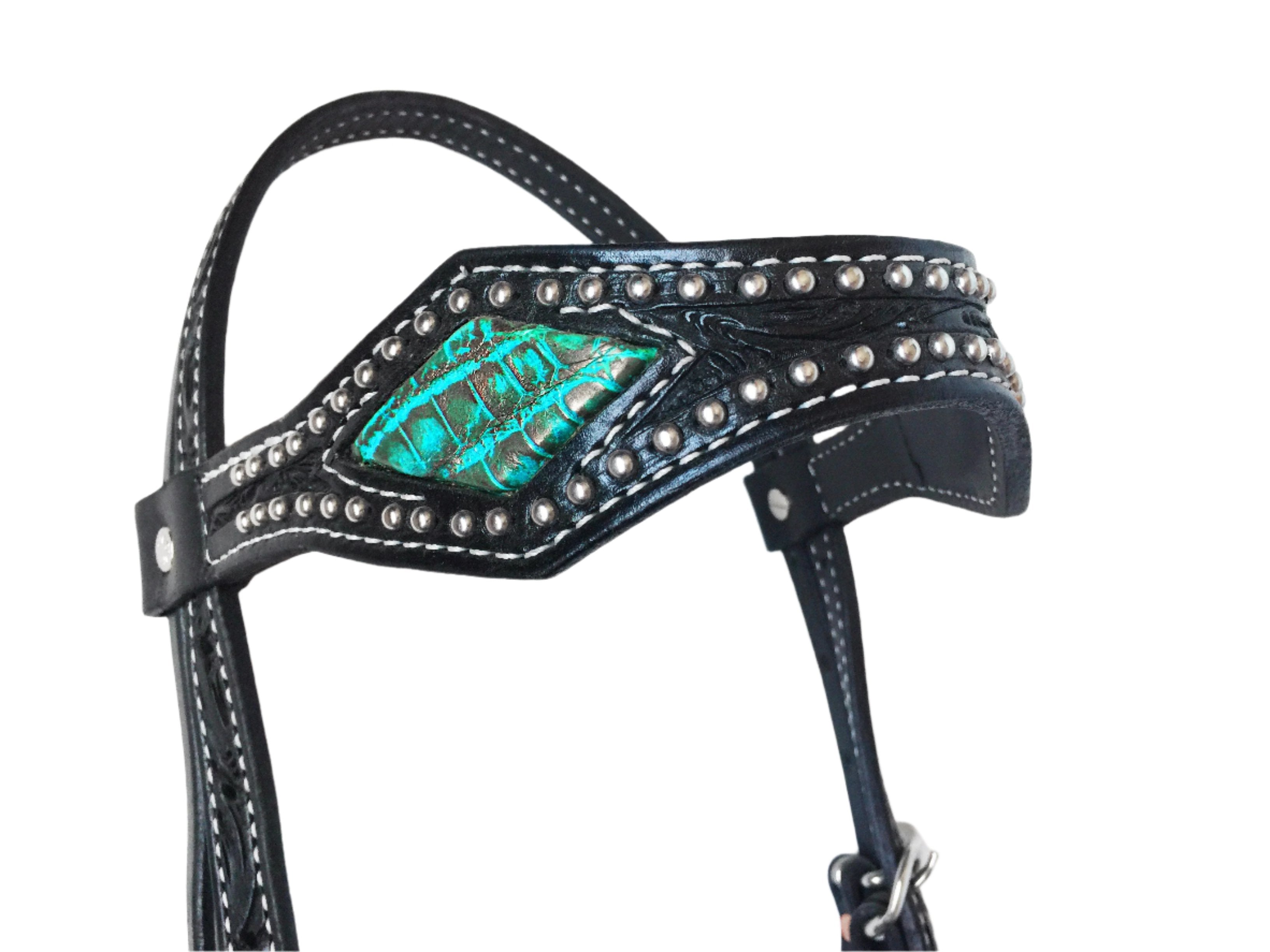 Turquoise Caiman Alligator Diamond Cut  Brow band Headstall – Black Leather with Silver Studs