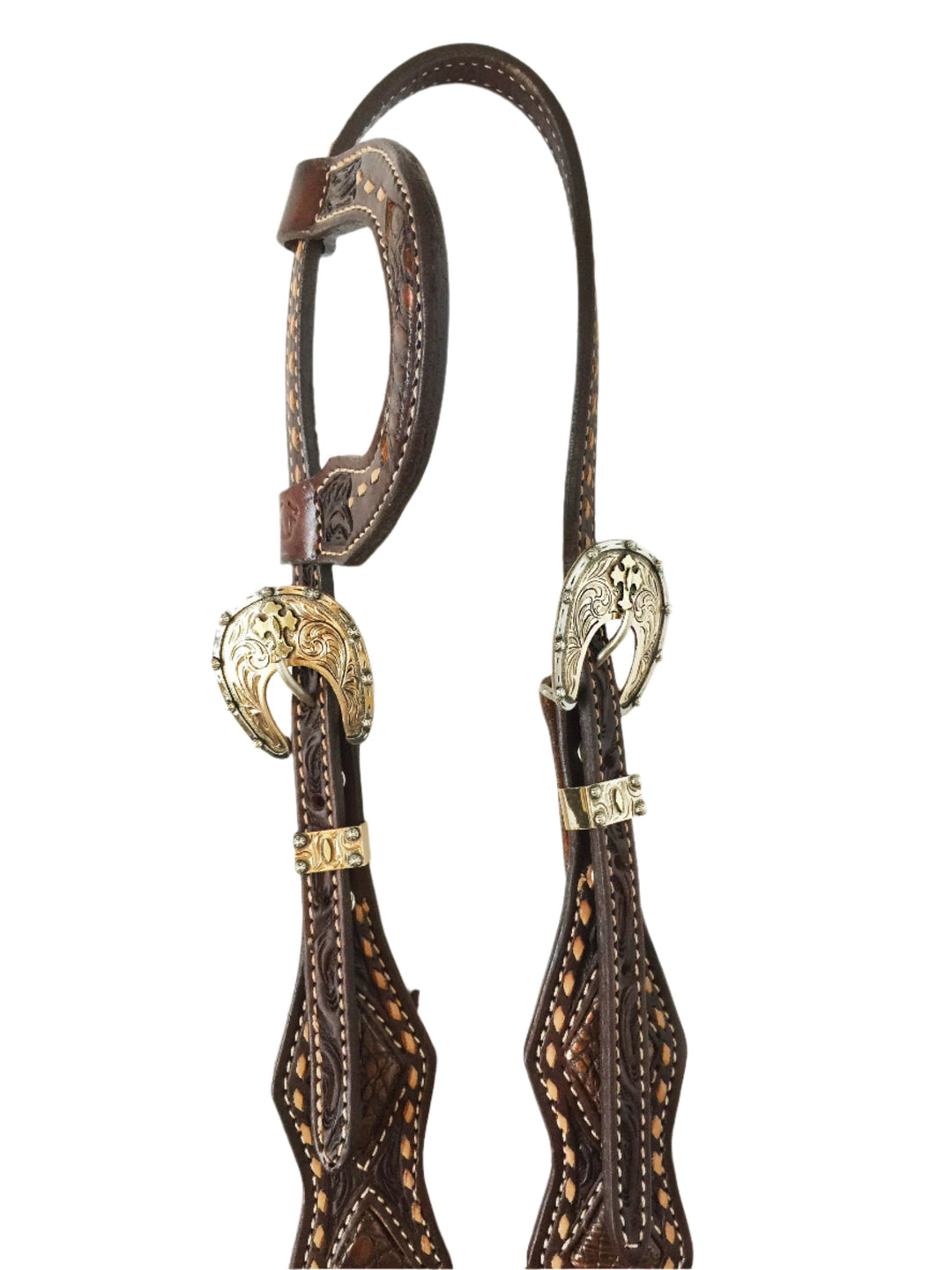 Single Slip Ear Headstall with Copper Gator Inlay and Usher Brand Gold Buckle Set; ﻿UBCHS-008