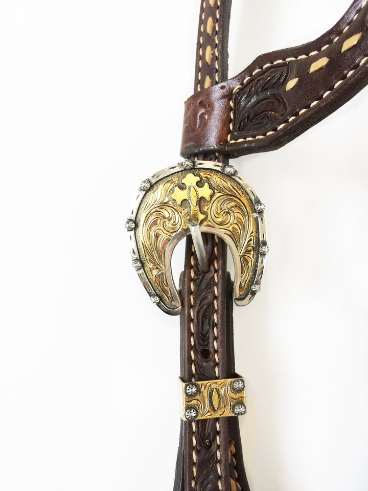 Single Slip Ear Headstall with Copper Gator Inlay and Usher Brand Gold Buckle Set; ﻿UBCHS-008
