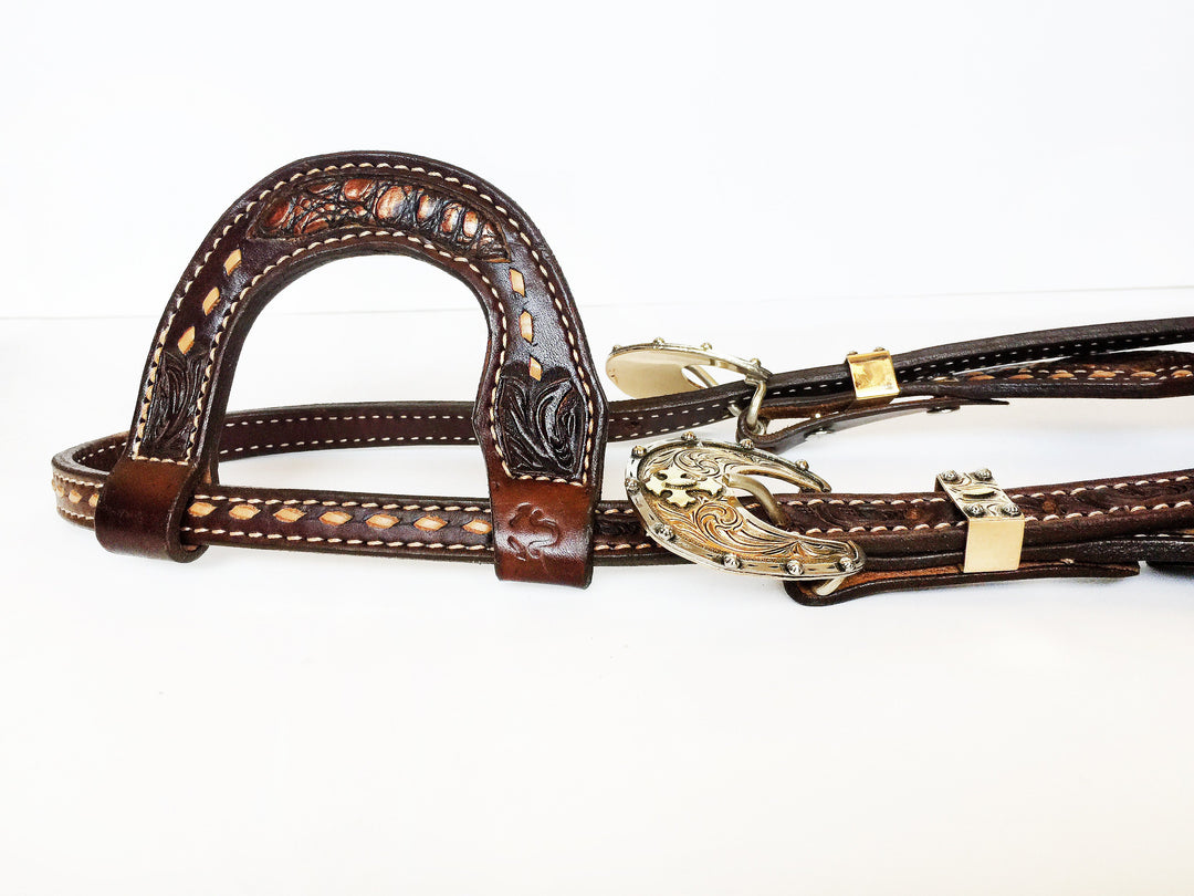 Single Slip Ear Headstall with Copper Gator Inlay and Usher Brand Gold Buckle Set; ﻿UBCHS-008