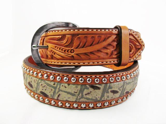 Silver Studded Natural Leather Green Alligator Belt